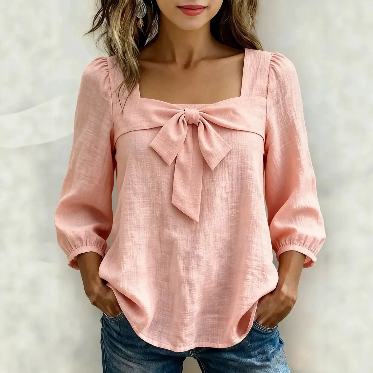 

Women's Square Neck Bow Front Blouse 3/4 Puff Sleeve Shirt Loose Casual Elegant Top Spring Summer Daily Vacation Office Wear