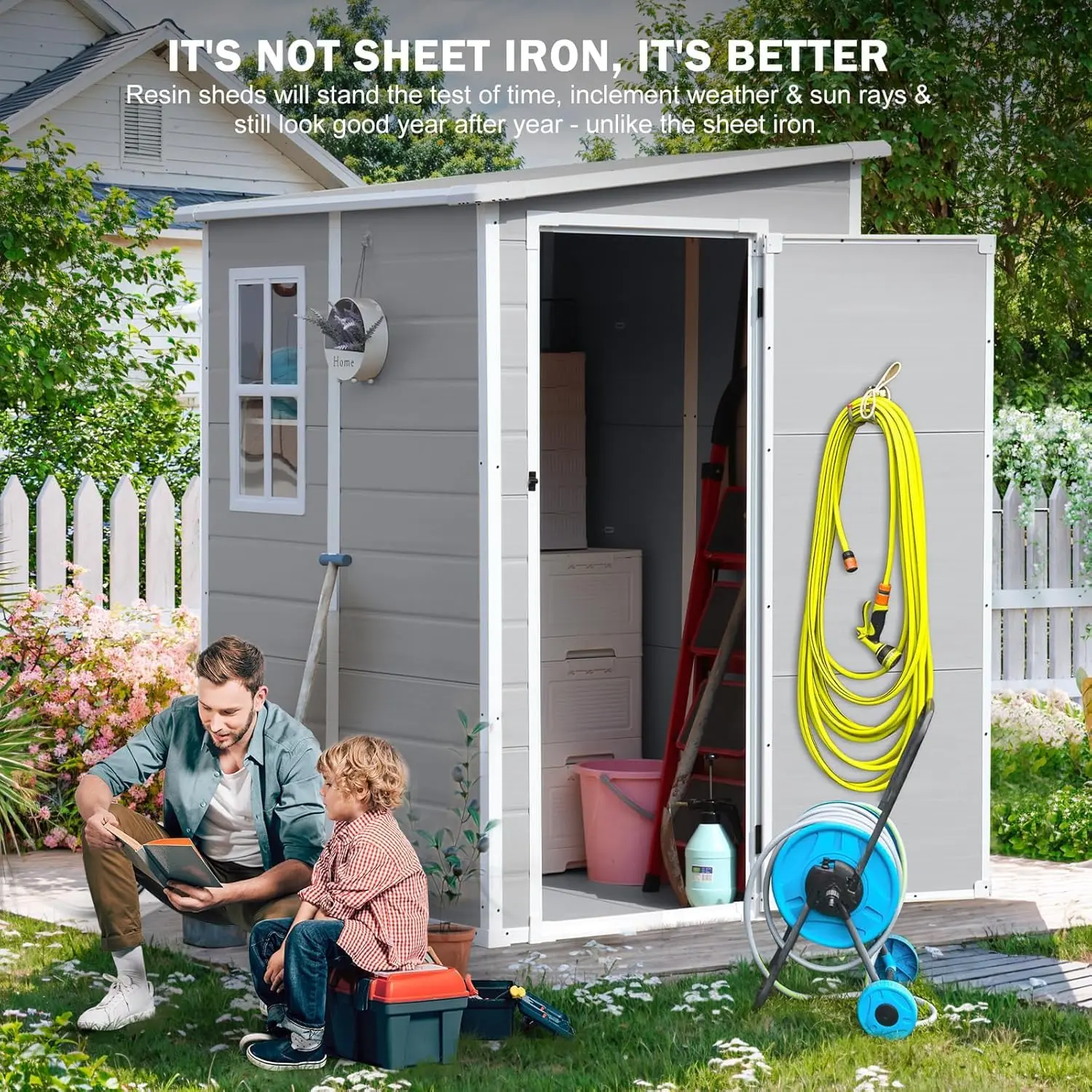 Resin Storage Shed with Floor 5x4 FT Light Gray Outdoor Garden Tool House, Customized