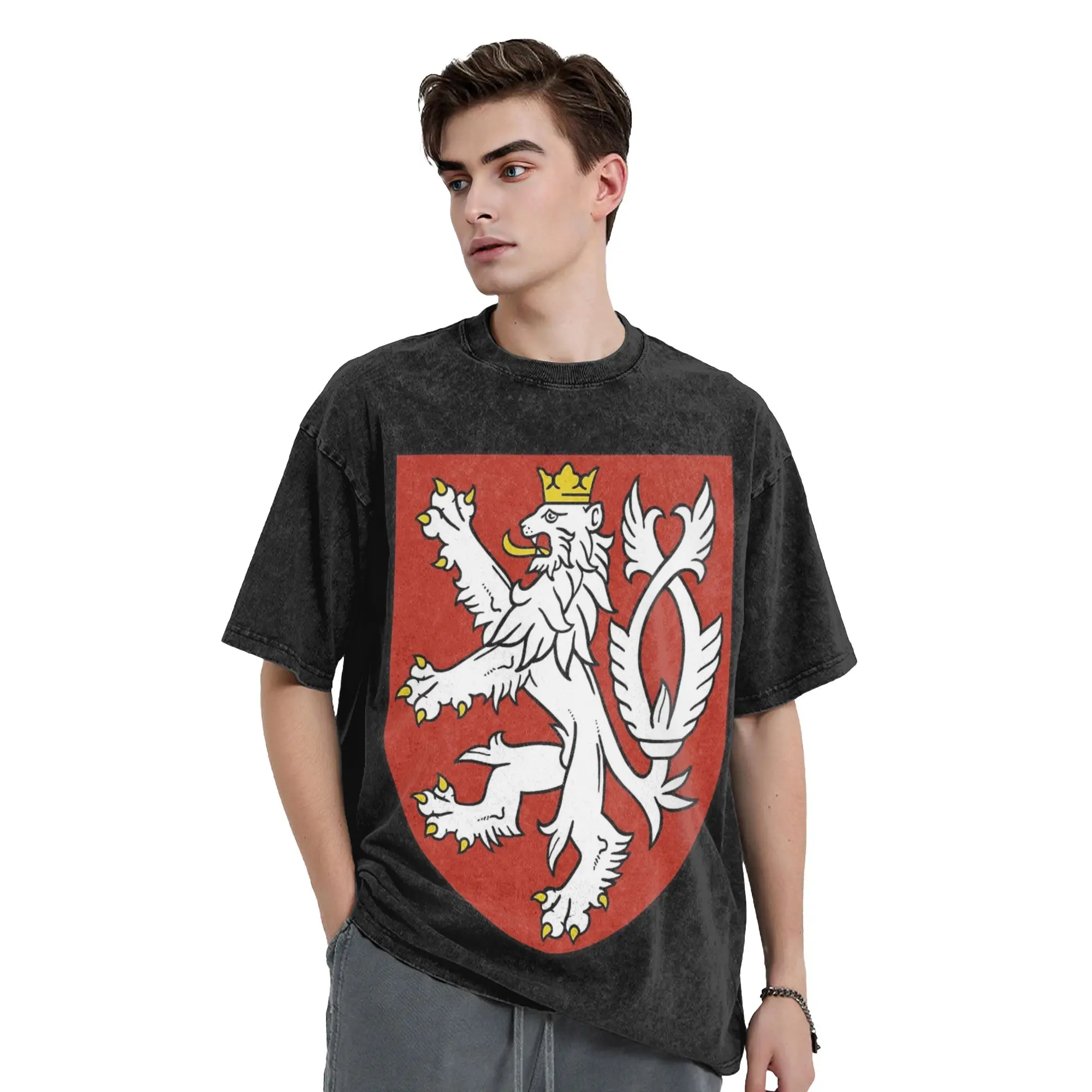 Coat of Arms of Czech Republic T-Shirts for Men O Neck Pure Cotton Washed T Shirt  Short Sleeve Tee Shirt Plus Size Clothes