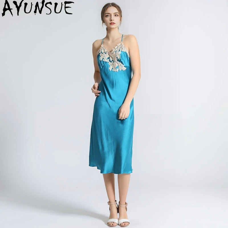 AYUNSUE 19Mm 100% Mulberry Silk Pajama Sexy Sleepwear Night Dress for Women 2026 Summer Clothes Sling Dress Woman Пижама Женская