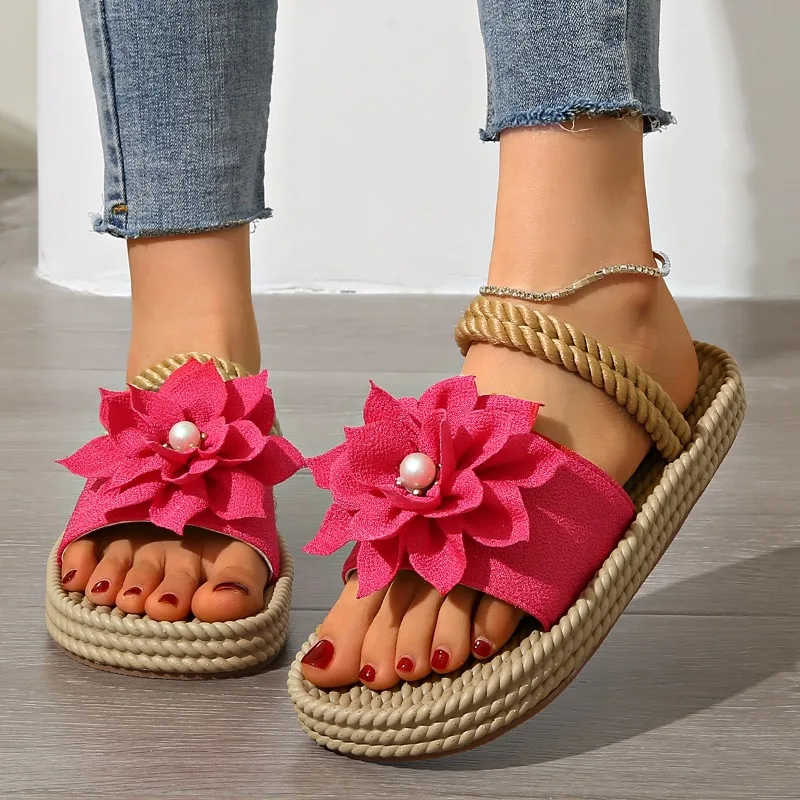 

Новинка 2023 года, летние плетеные тапочки на плоской подошве с цветочным принтом, классические однотонные женские нескользящие шлепанцы, мягкие удобные пляжные сандалии Femme