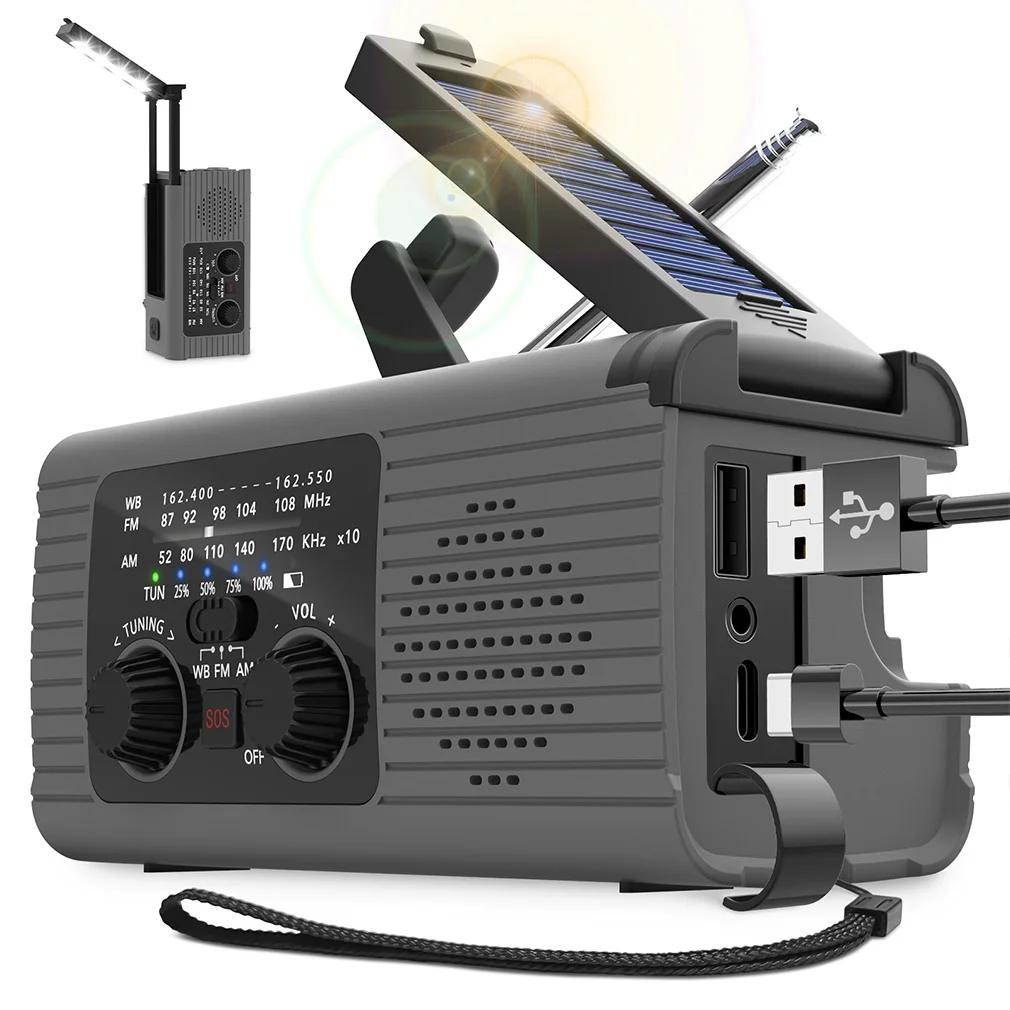 

Портативное уличное FM/AM-радио с аккумулятором 4000 мАч, аварийное радио с фонариком, сигнализацией SOS, USB-зарядкой и солнечной/ручной зарядкой