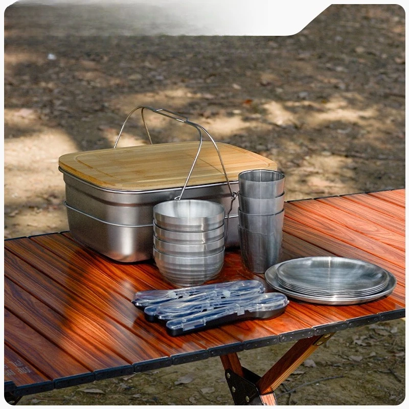 4-Person tableware set 304 stainless steel portable tableware and chopsticks camping picnic camping supplies and equipment