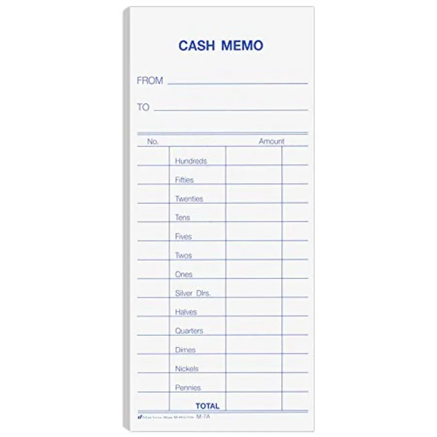 

Cash Memo 2.75 W x 6.25 H Pack of 1000 Padded Form Blue Ink White Background to and from Details