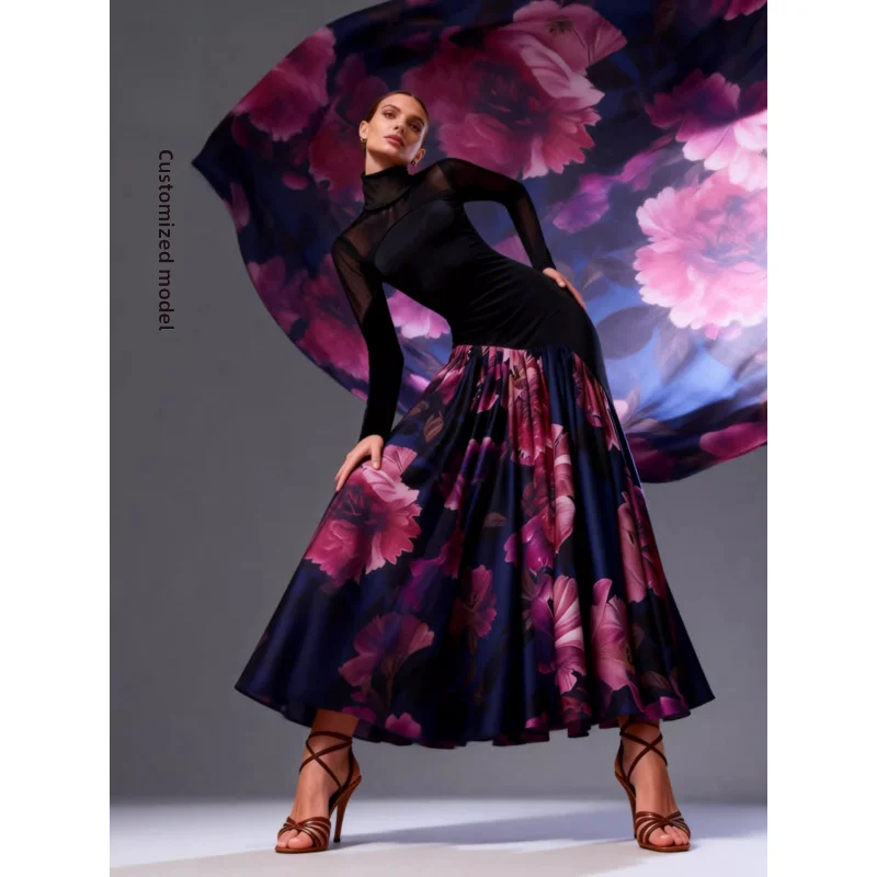 Women's Ballroom Dance Dress French High End Pleated Skirt Long Section Dancewear for Cha Cha Salsa Tango
