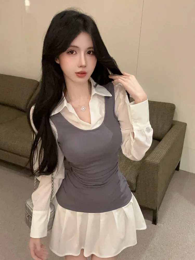 

Retro Color Block Long Sleeve Collar Shirt Women's Slim Fit Pleated Short Skirt Fashionable Elegant Waist Cinching Winte...