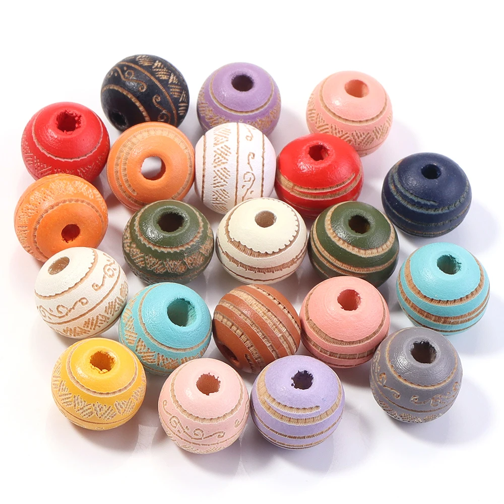 30 Stück natürliche Holzperlen 10 mm bedruckte hölzerne runde Kugel lose Distanzperlen für Schmuckherstellung DIY Armbänder Anhänger Zubehör