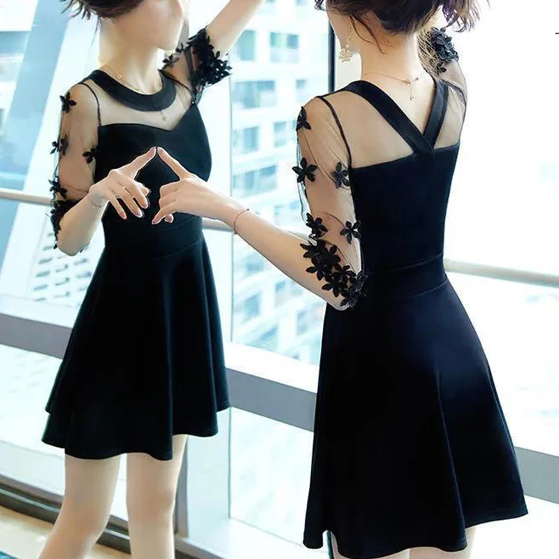 

Spring Summer New Half Sleeve Mesh Patchwork Dress Ladies Sexy Perspective Evening Party Mini Dresses Women Black Robe Vestido