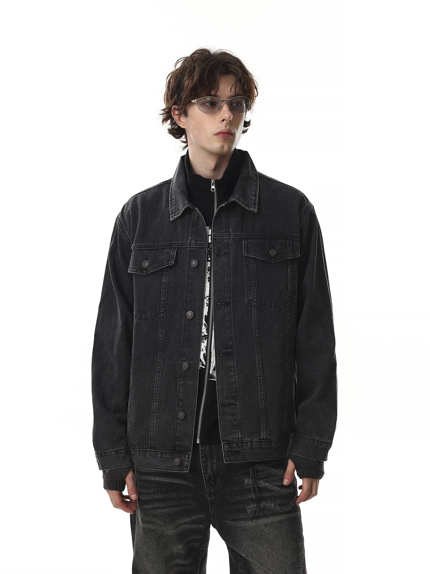 Retro American Vintage Distressed  Color Men's Denim Jacket Loose Fit Collar Workwear Outerwear Fashion Brand