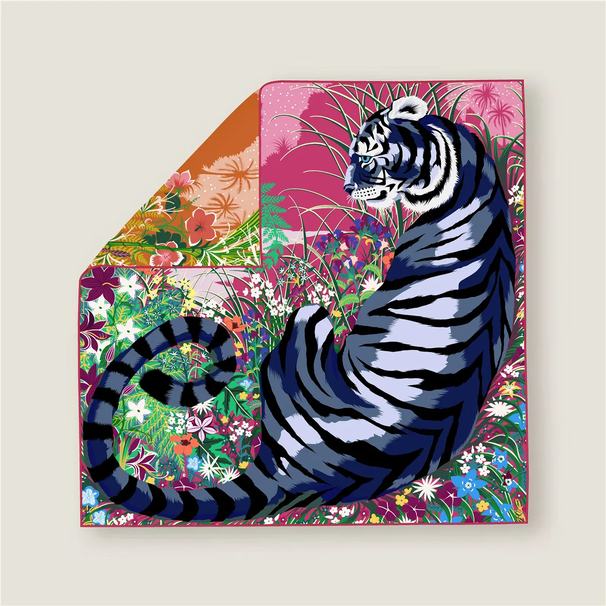 70 سنتيمتر حافة كرة لولبية حك الحرير وشاح مربع المرأة مزدوجة الجانب الغابة النمر الأوشحة المطبوعة يلتف Echarpes Foulards فام الحجاب