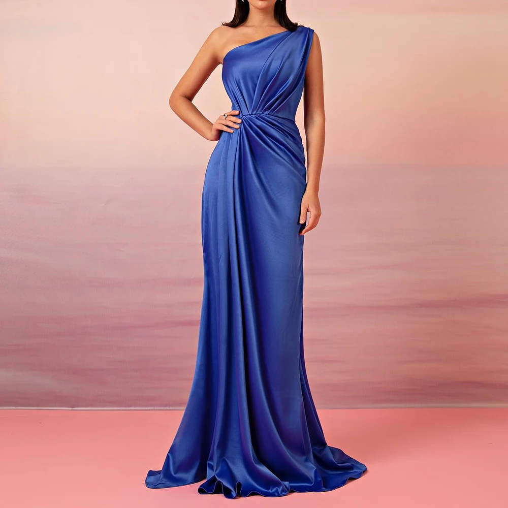 

Customized Luxury Satin Straight One Shoulder Evening Dress Zipper Back Sleeveless Floor Length Panel Train Solid Color Modern