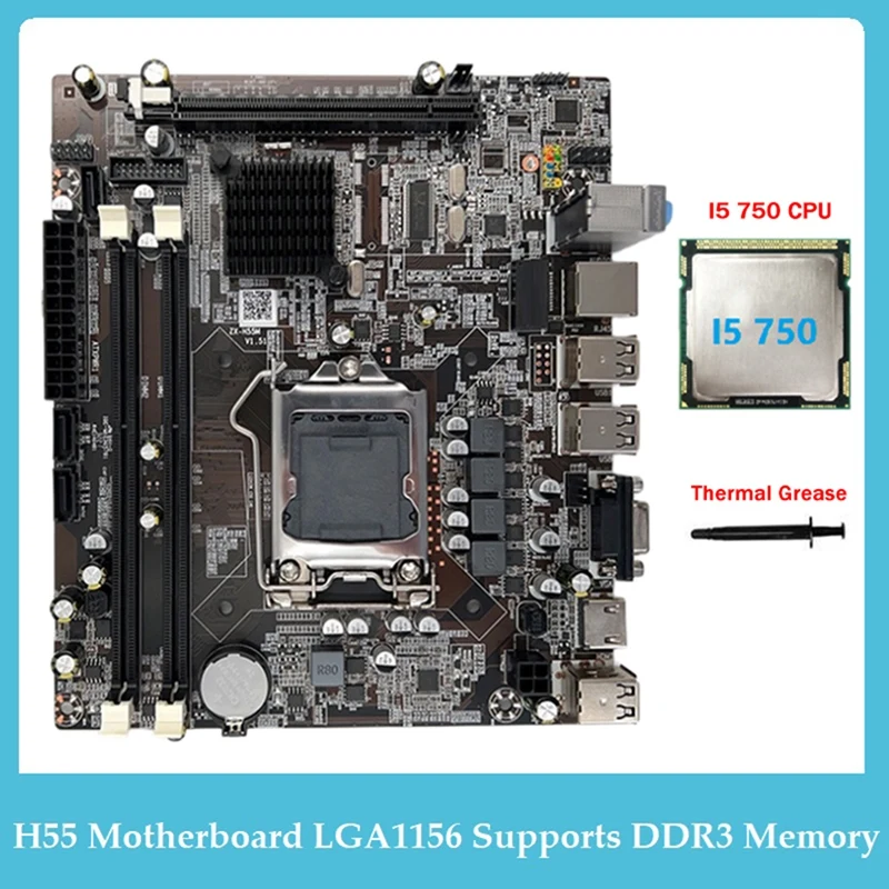 

H55 Motherboard LGA1156 Supports I3 530 I5 760 Series CPU DDR3 Memory Computer Motherboard+I5 750 CPU+Thermal Grease