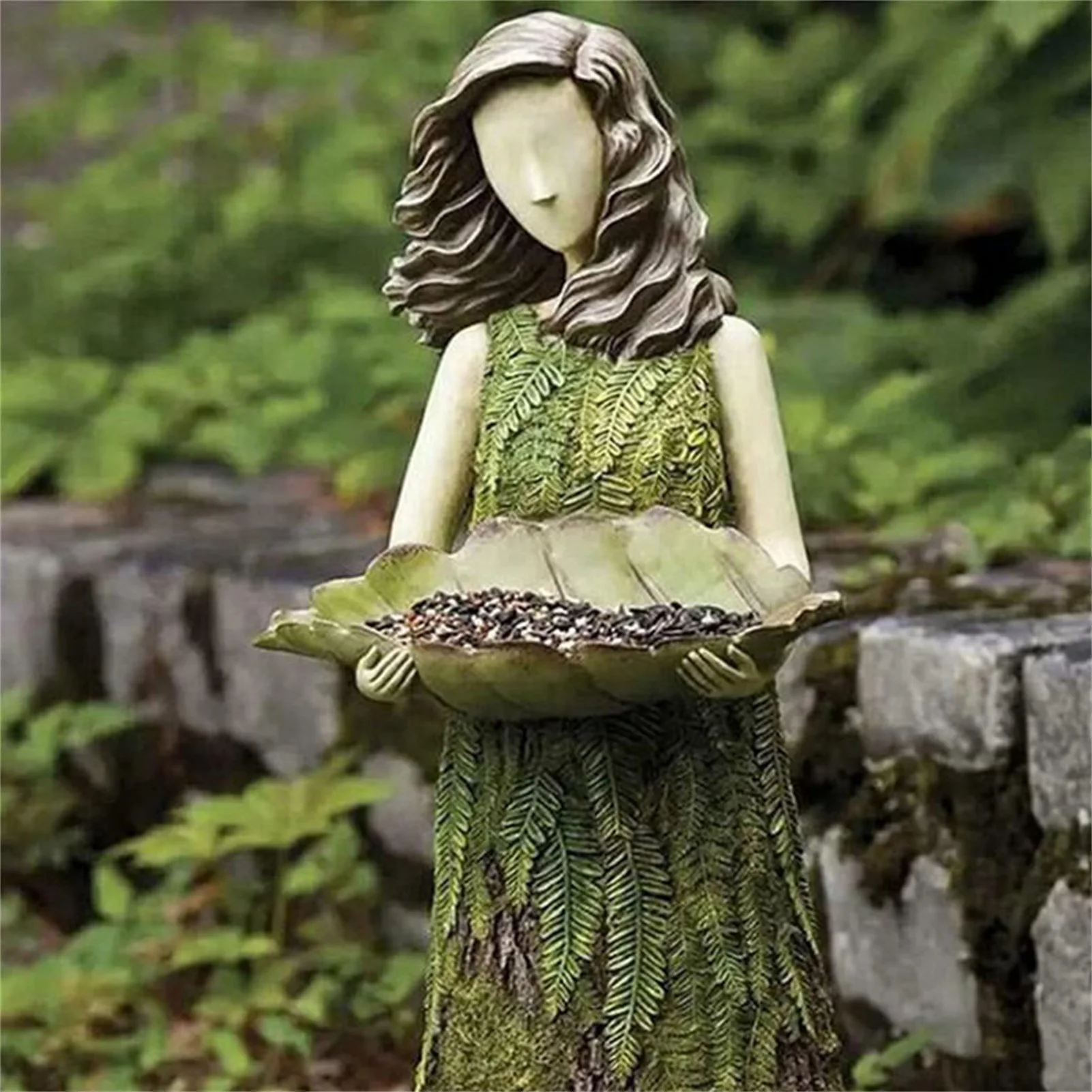 Green Fairy Statue Bird Feeder Resin Decoration Garden Forest Girl Sculpture Figurines Crafts Outdoor Lawn Garden Decoration New