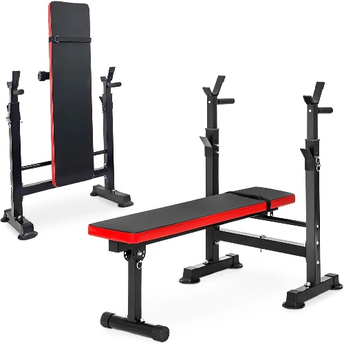 

Steel Weight Bench with Squat Rack, 400lb Capacity, Foldable Home Gym, 6-Position Barbell Holder, Adjustable Seat & Backrest