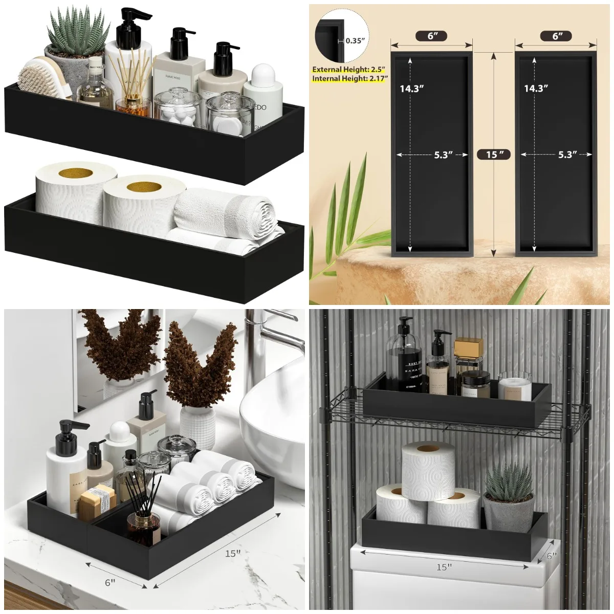 

Bamboo Drawer Organizer, Stackable 2-Piece Silverware Tray, Black Bathroom Countertop & Toilet Tank Holder