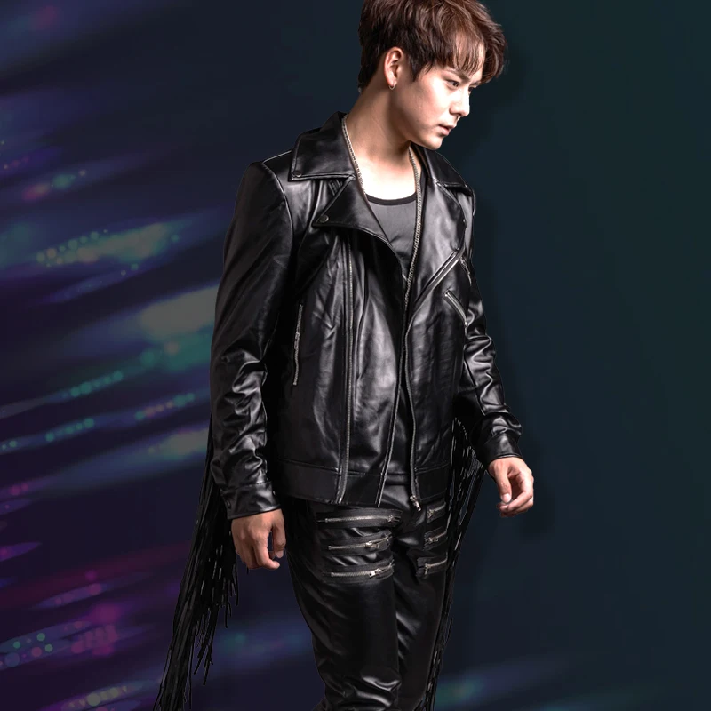 Nightclub Bar Drum Dj Performance Clothing Tassels Leather Blazer Pants Stage Gogo Costume Slim Male Singer Costumes Suit XS3905