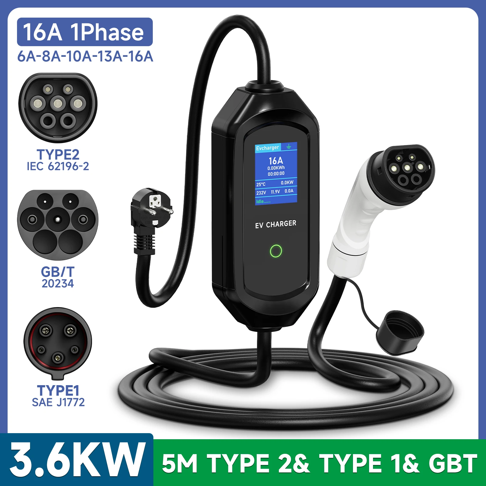 AFEEV Portable EV Charger Type2 16A 3.5KW EVSE Wallbox GBT Type1 J1772 Adapter for Electric Vehicle  5M