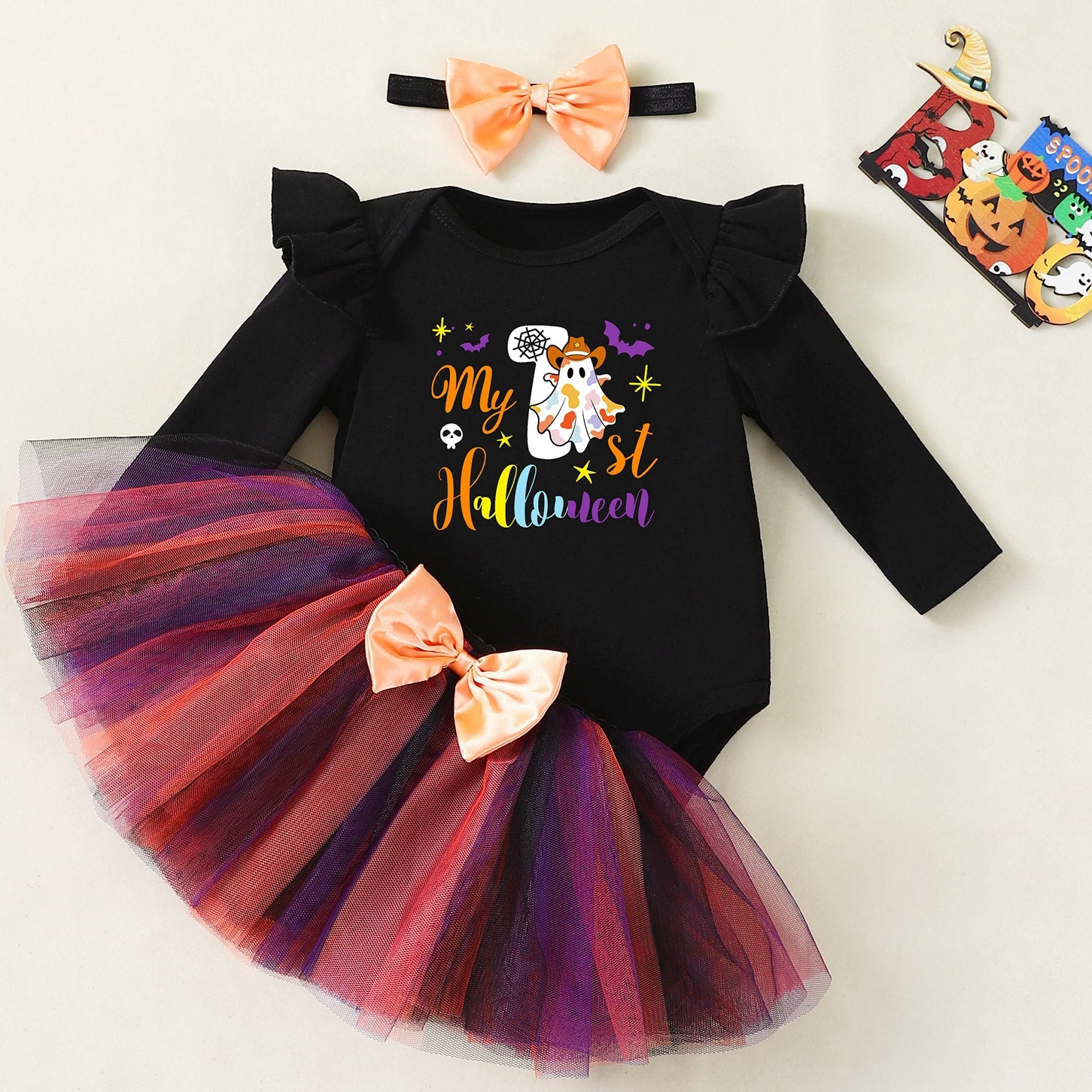 

Baby Girl Halloween Costumes Long Sleeves First Halloween Bodysuit with Cute Ghost Pumpkin Heaband Tutu Skirt Cake Smash Outfits