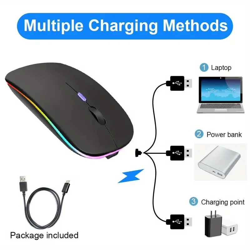 

Беспроводная игровая мышь RGB, эргономичная перезаряжаемая через USB, бесшумный щелчок, регулируемая разрешение, легкая портативная конструкция для ПК, ноутбука,