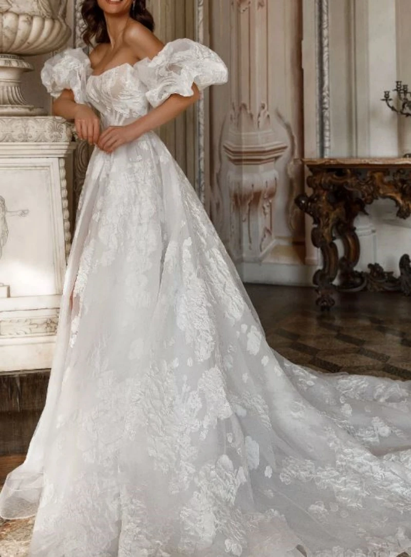 A-line Organza Lace Open Back Detachable Sleeves Long Train Wedding Dresses