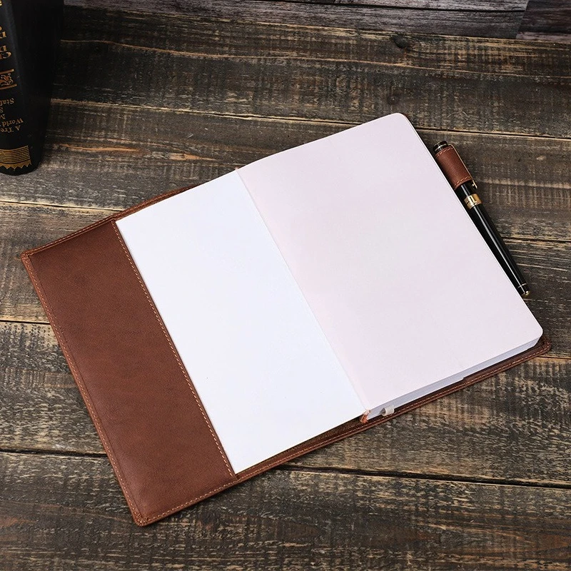 Crazy Horse Leather A5 Notebook Cover with Pen Slot Business Office Portable Use Home Travel School Daily Work Study Meeting Bag