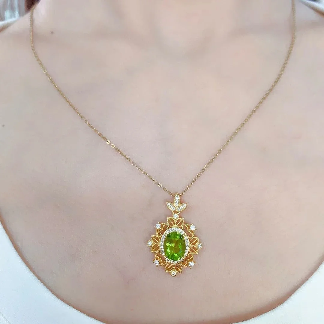 Attractive 925 Silver Peridot Pendant 7mm*9mm 1.5ct Natural Peridot Necklace Pendant with 3 Layers 18K Gold Plating