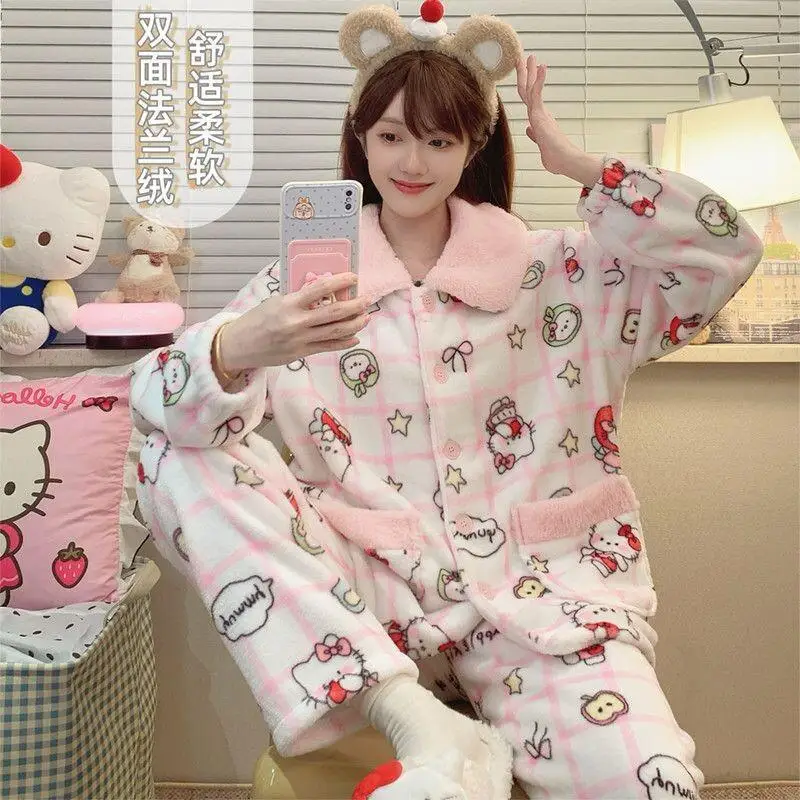 

Sanrio Kitty Pajamas Set Flannel Coral Fleece Women Dormitory Home Autumn Winter Warm Fleece Lined Thickened Cozy Soft Nightwear