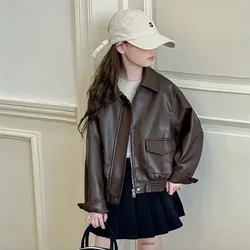 Girls Leather Jacket PU Fashion Casual Windproof Teenage Kids Coats 2024 Autumn Brown Biker Chic Trendy Outerwear 12 13 14 Years