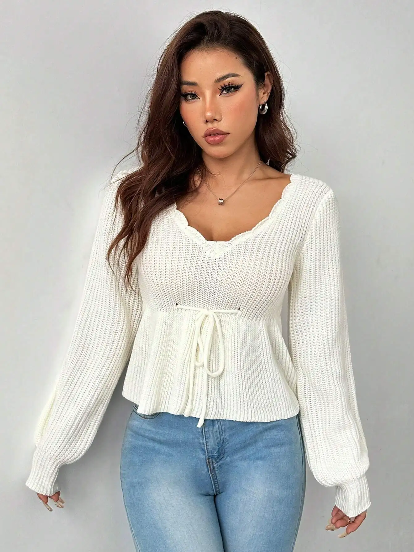 بلوفر نسائي كبير برقبة على شكل حرف V من الصوف المحبوك بخصر عالٍ على شكل حرف A لمقاس كاجوال مريح