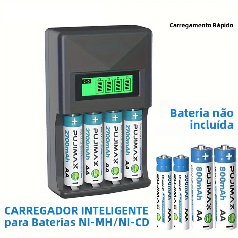 Carregador Inteligente de Bateria Ni-Mh 1.2V, Adequado para Baterias Recarregáveis Ni-Mh AA/AAA 1.2V, 4 Slots, Display LED, Carregamento Rápido