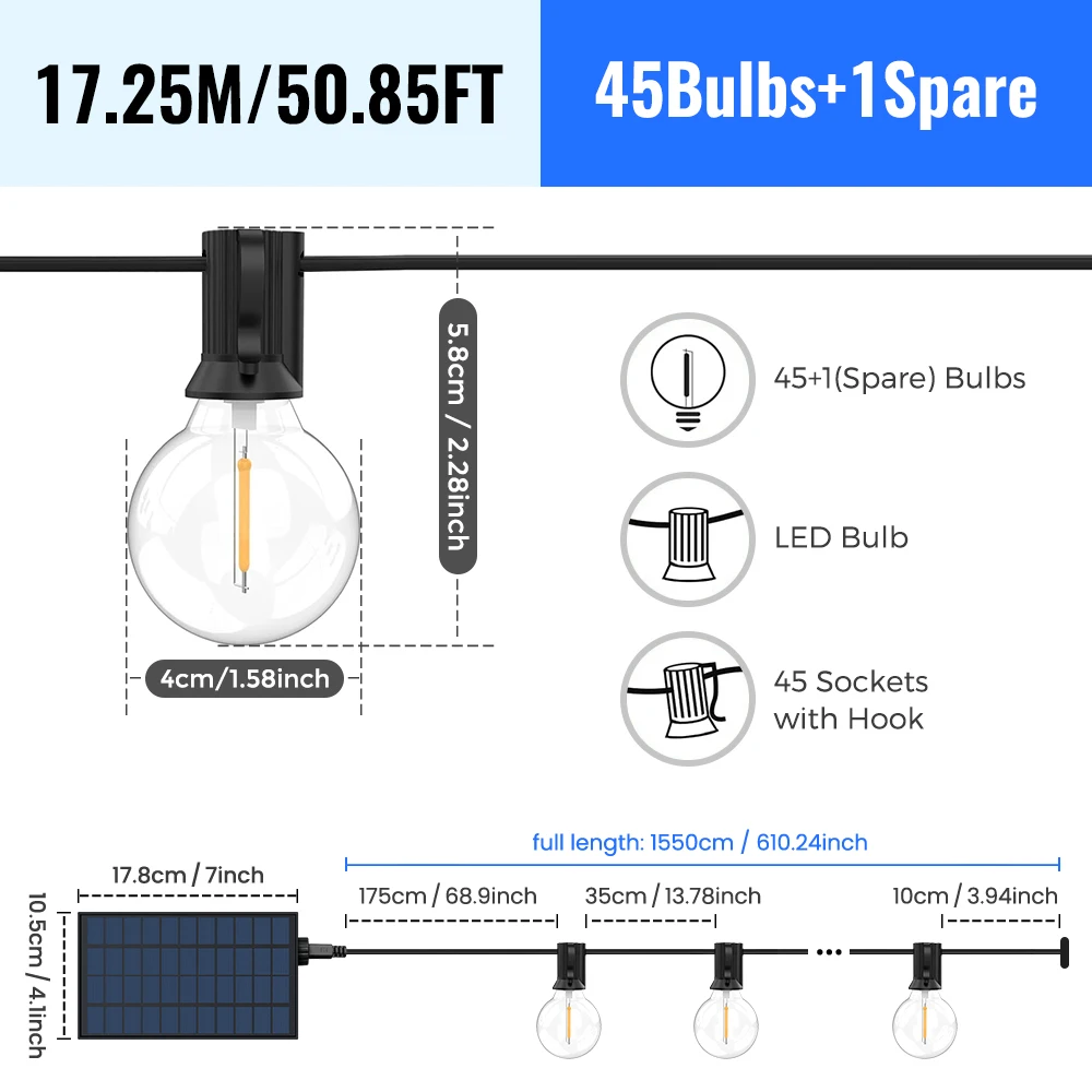 aiopp G40 LED-Solar-Lichterkette in Warmweiß mit Fernbedienung und 8 Blinkmodi – einstellbare Helligkeit, wetterbeständig für Ga 3