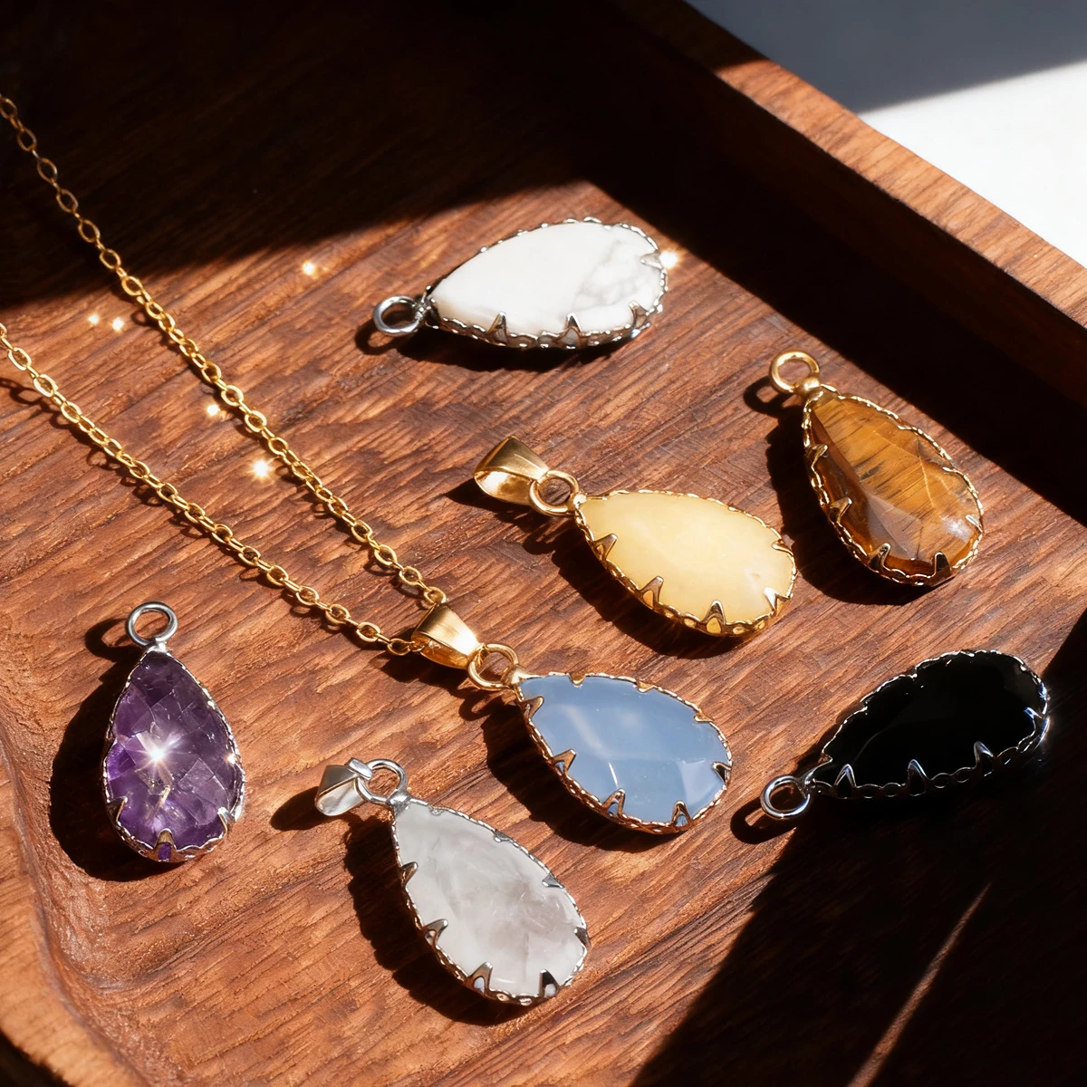 Natural Crystal Pendant Necklace, Rose Quartz Gold-plated Silver Teardrop Pendant, Jewelry Necklace Accessory Teardrop Shape