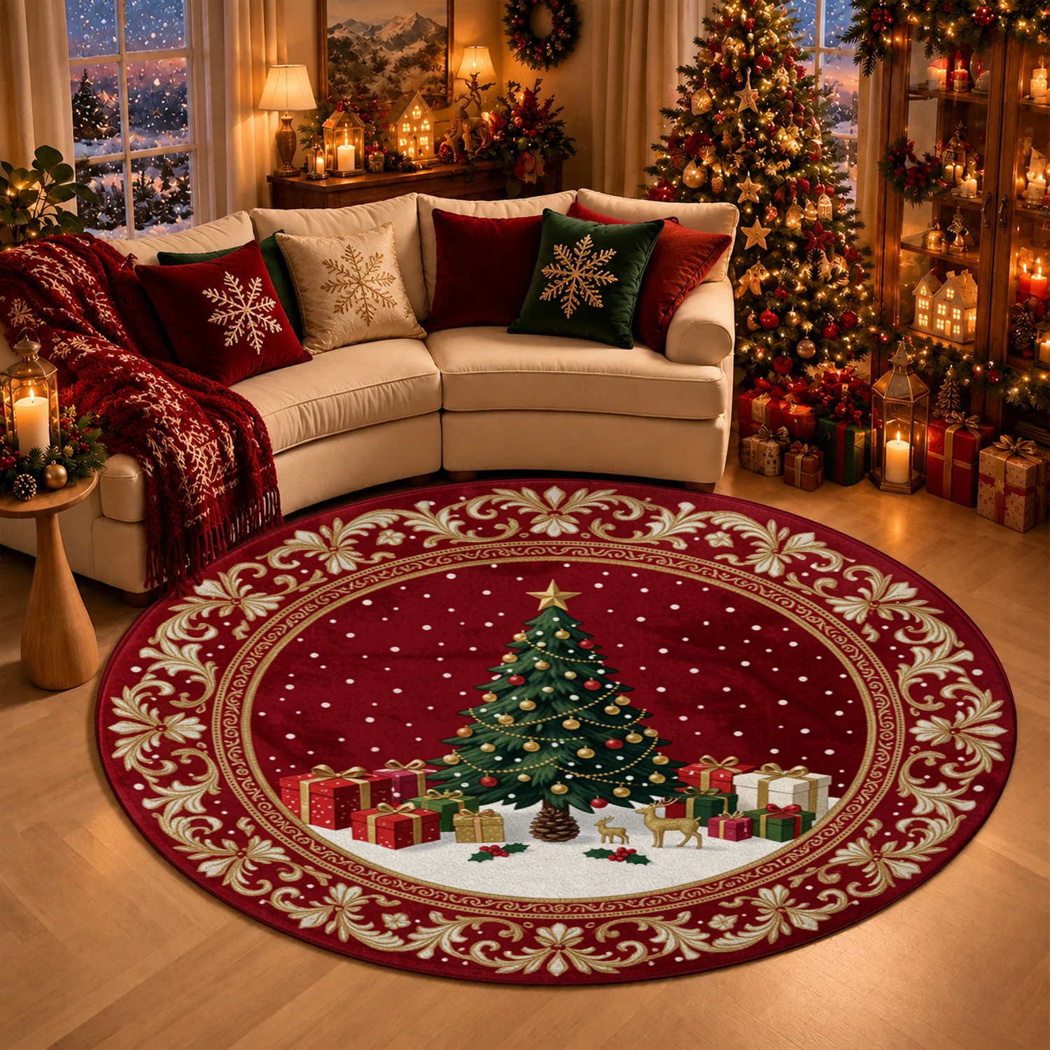 Christmas Tree Gift Box Pattern Round Velvet Rug Machine Washable for Living Room Bedroom Dining Area Halloween Thanksgiving Black Friday Cyber Monday Christmas New Year