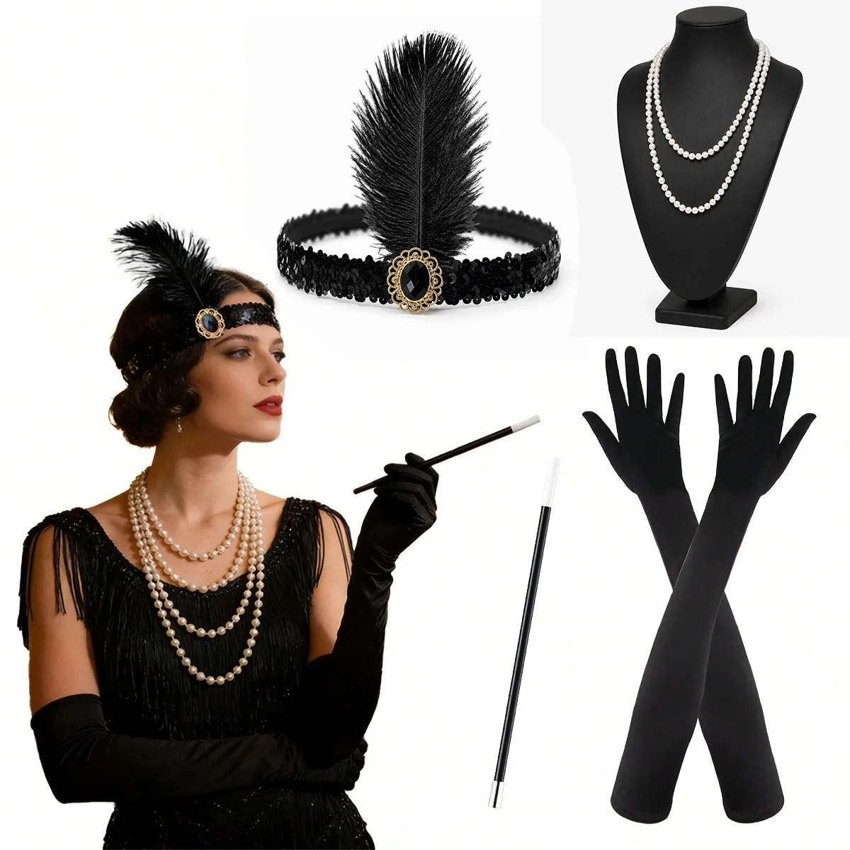 1920s Vintage Feather Hair Accessories Gatsby Party Pearl Necklace Earrings Gloves Dress Accessories Set Stage Performance Prop