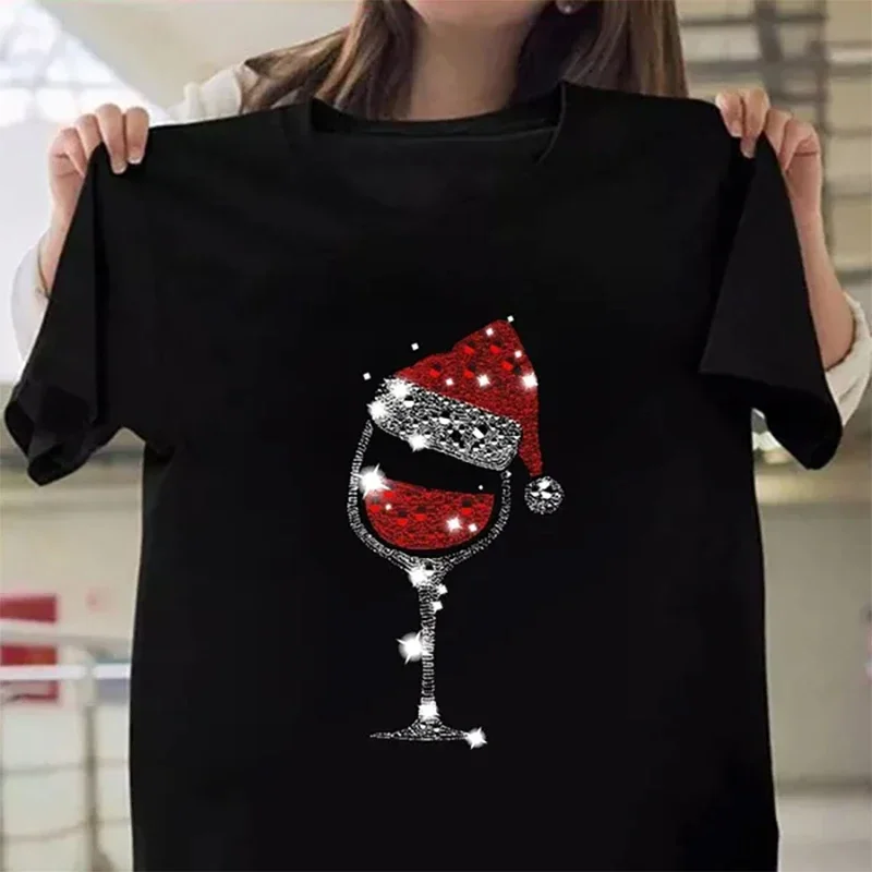 New Christmas Red Wine Glass Print Cozy TShirt Women Casual Round Neck Short Sleeved TShirt Cheap Women's Clothing Free Shipping