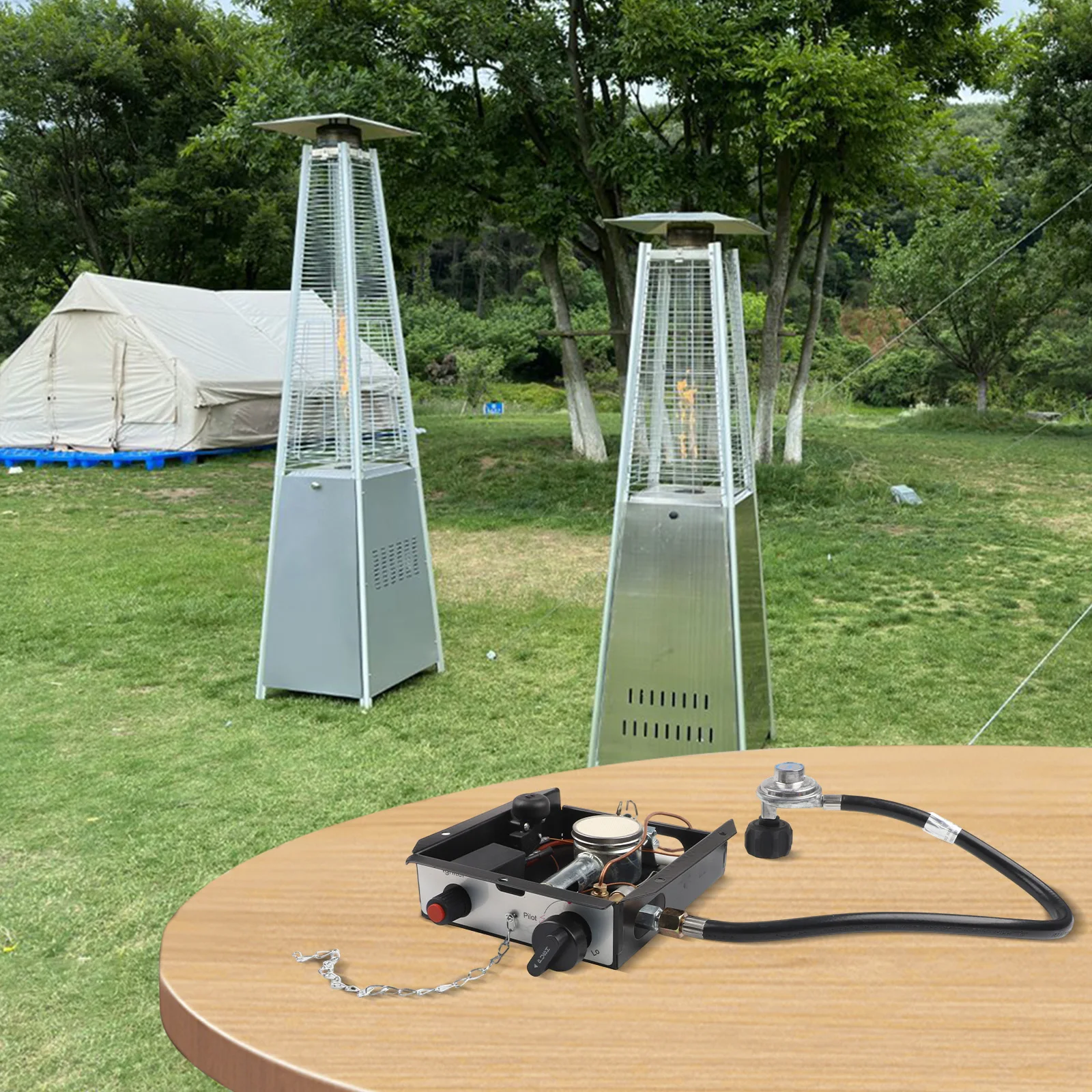 Outdoor Heater Burner Module 4-Sided Glass Tube 47000 BTU Heat Output Anti-Tilt Safety Device Floor Mounting Installation