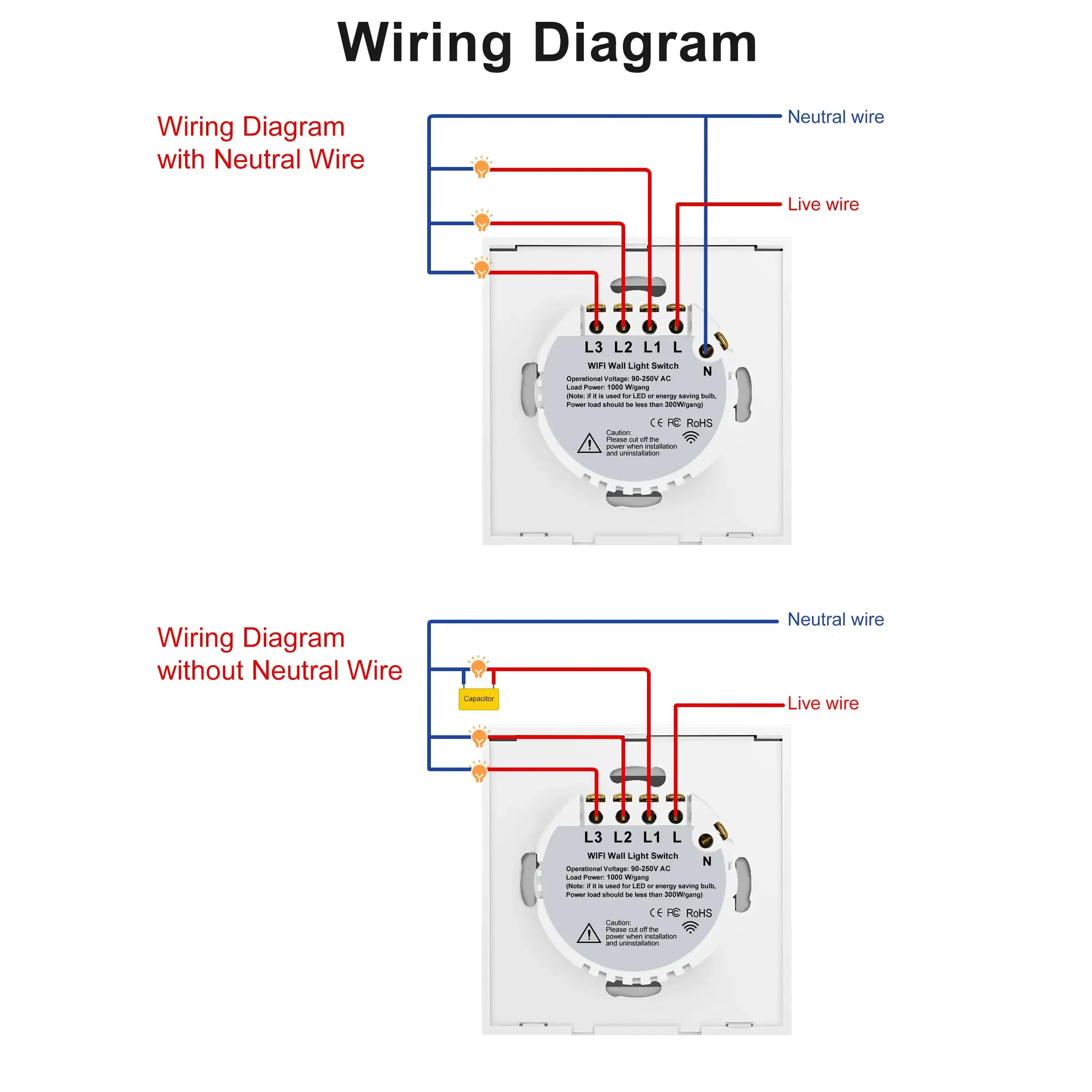 GIRIER Tuya Smart WiFi Light Switch 1/2/3 Gang Smart Touch Wall Switches EU Works with Alexa Google Home, Neutral Wire Optional