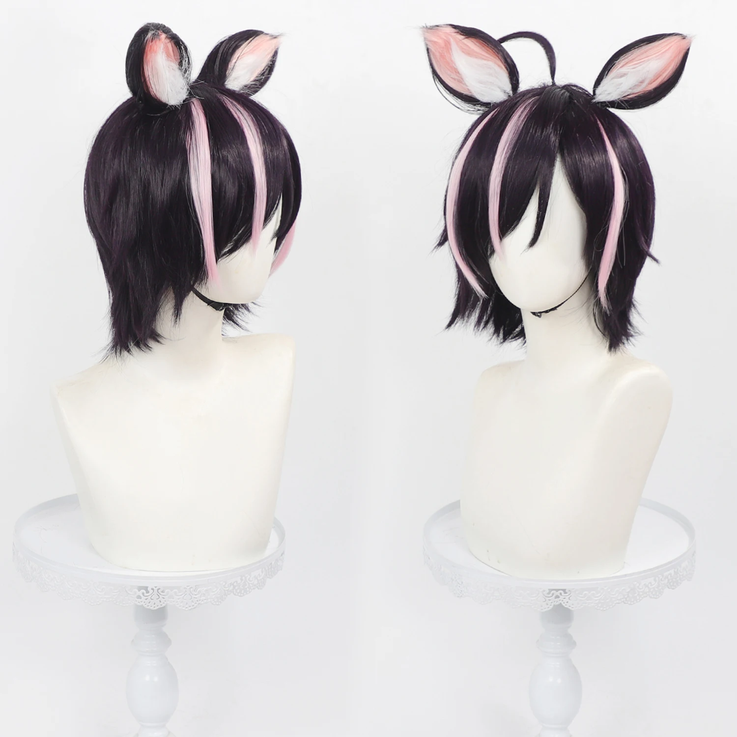 Hameneko Chainsmoker Cat Cos Wig Dark Purple Pink Highlight Synthetic Short Wig Detachable Cat Ears Anime Comic‑Con Halloween
