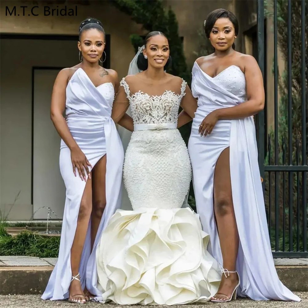 

White Sexy Long Bridesmaid Dresses High Split Sweetheart Pearls Satin Black Women Wedding Guest Gowns Custom Made