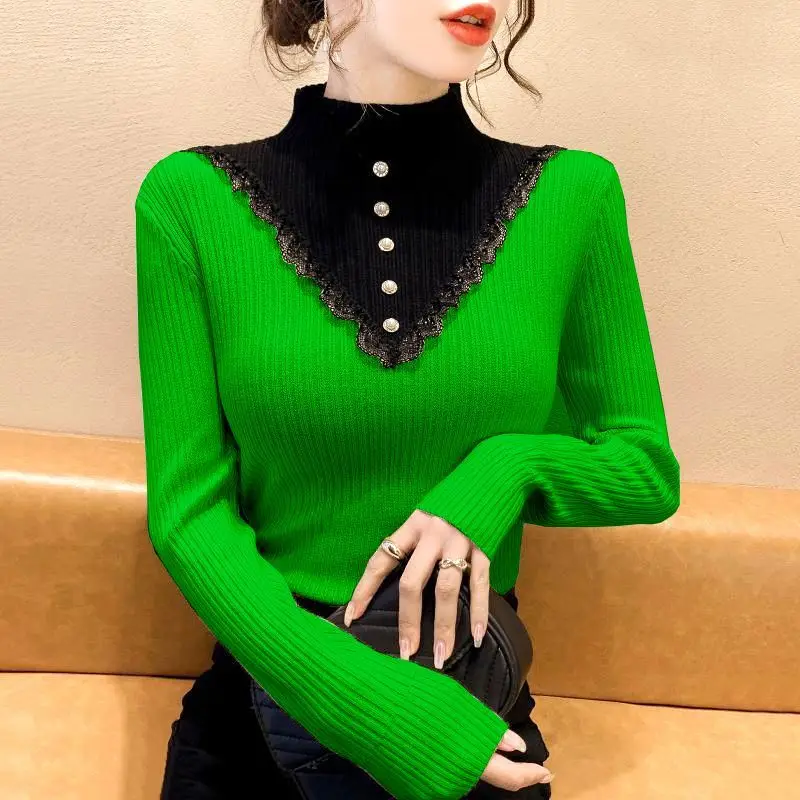 Patchwork Contrast Slim Sweaters Autumn Winter Long Sleeve Youth Knitting Fashion Pullovers Top Vintage Elegant Women Clothing