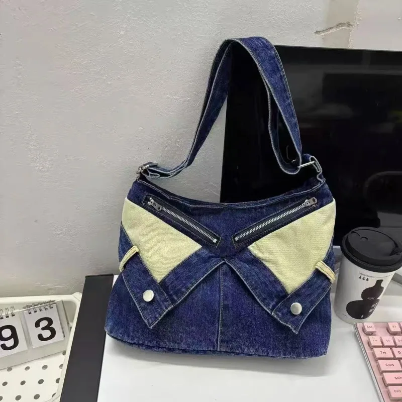 

Niche Design Color Contrast and Patchwork Denim Bag Casual Large Capacity Commuting Crossbody Bag Trend Youth Soft Shoulder Bag