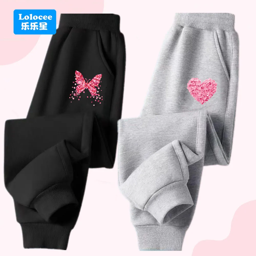 Lolocee Kinder-Jogginghose für Mädchen, elastische Taille, Jogginghose mit Blumen-Schmetterlings-/Herz-Dekor, weiche Baumwolle, Freizeithose für Kleinkinder, AXMG1