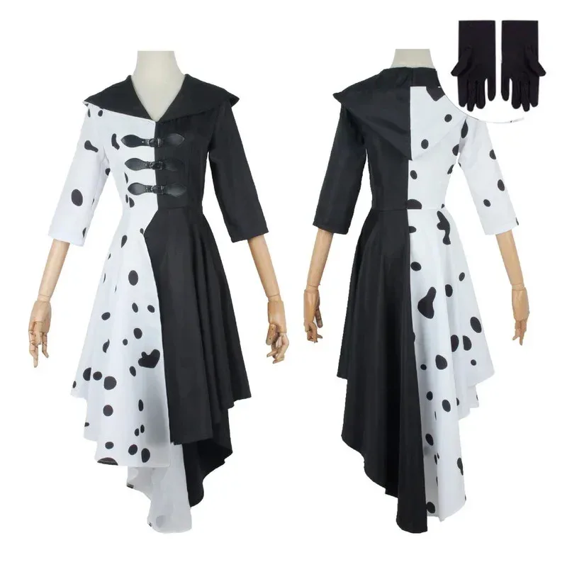 Adults Black White Witch Deville Cosplay Costume Dress For Women With Glove Halloween Party Cos Suits