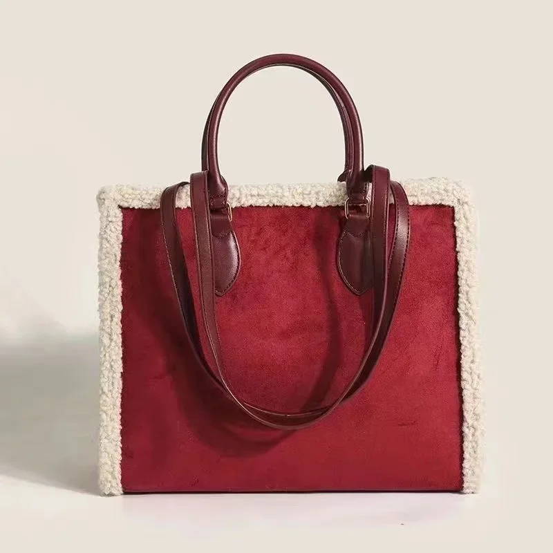 Chic Tote Bag Burgundy Suede Contrasting Wool Trim Elegant Leather Handles Spacious Interior Fashion-Forward Design Practical