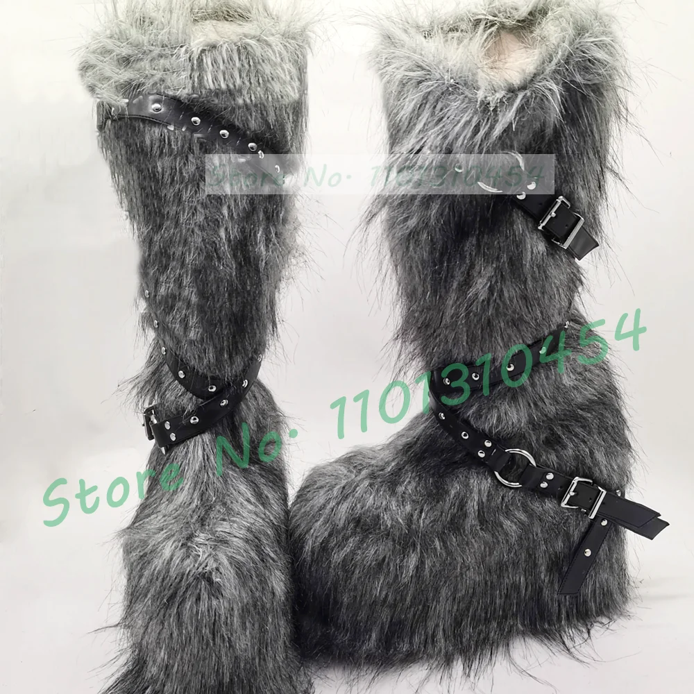 White Fur Thick Sole Snow Boots Women Chic Belt Buckles Round Toe Furry Knee High Shoes Winter Punk Hot Girls Large Size Boots