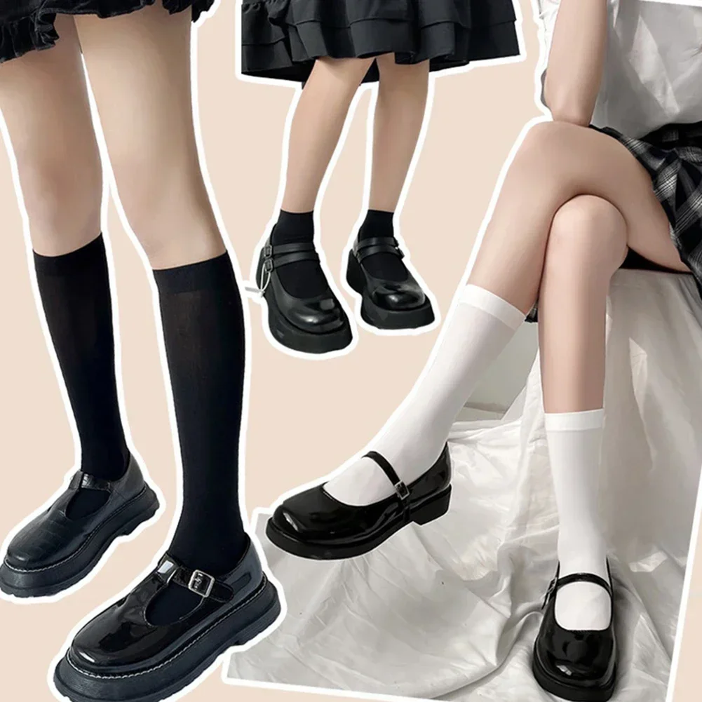 JK-medias de Cosplay para mujer, calcetines finos hasta la rodilla para niñas, bonitos calcetines largos de Lolita blancos y negros, medias de terciopelo hasta la pantorrilla
