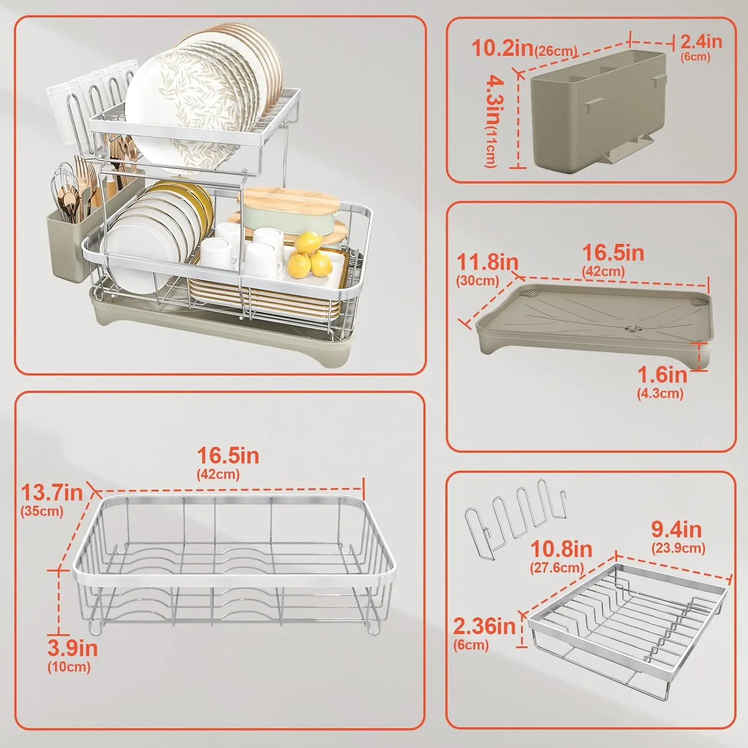 

2-Tier Dish Drying Rack for Kitchen Counter, 304 Stainless Steel Dish Rack with Adjustable Drainboard, Removable Utensil Holder