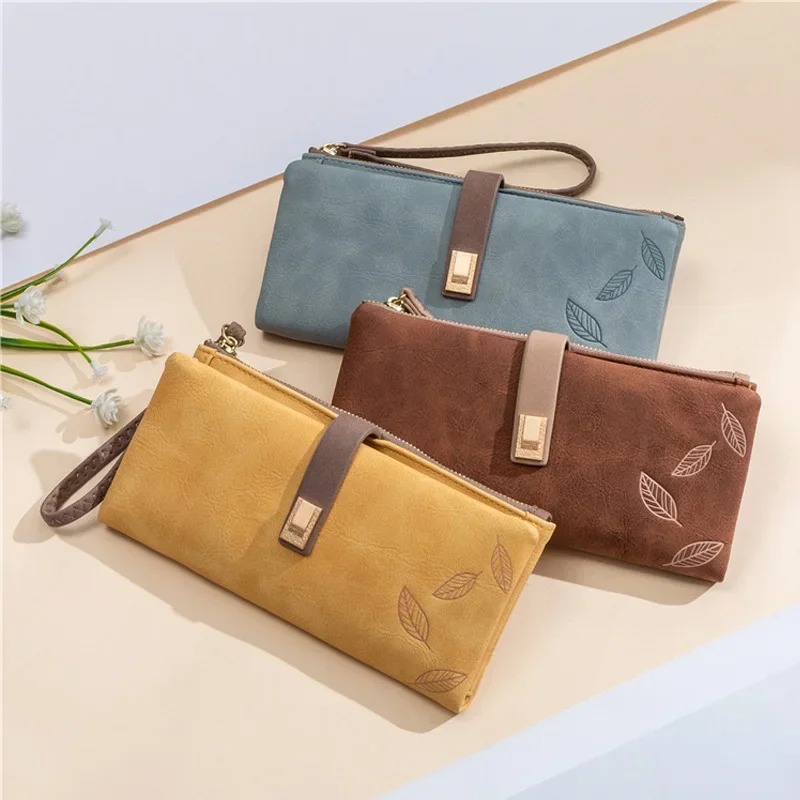 2024 Women's Wallet Fashion Long Design Retro Clasp Interior Compartment Frosted Leaf Print Buckle Zip Female Handbag Wallets