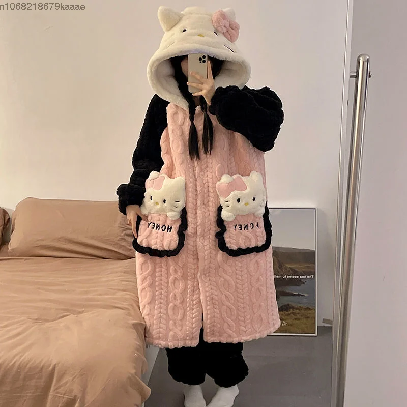 Sanrio Hello Kitty Women Winter Coral Velvet Sleepwear New Thickened Long Sleeve Cute Home Clothes Sweet Y2k Girl Hooded Pajamas