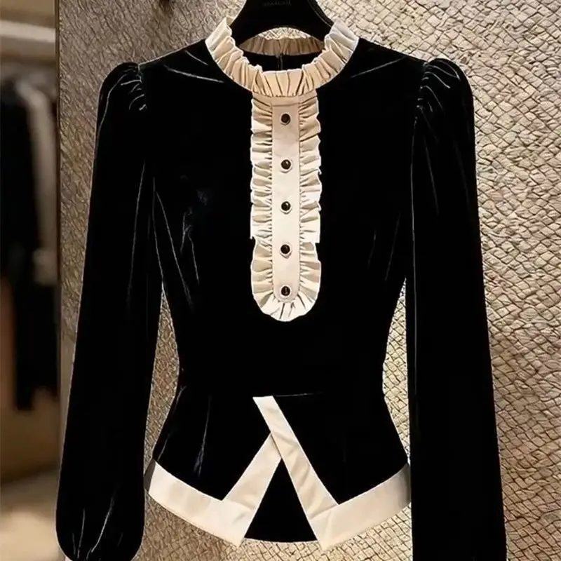 

Модная новинка: высококачественная женская блузка из бархата с эффектом двухслойности и черной строчкой, осенняя, с длинным рукавом, элегантная повседневная модель